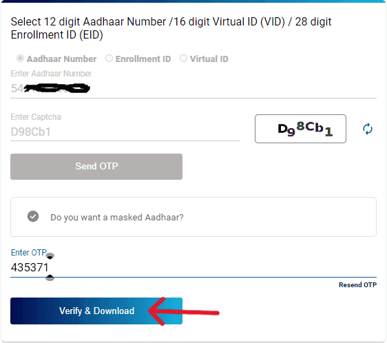 Verify OTP and get e Aadhaar Pdf free of cost